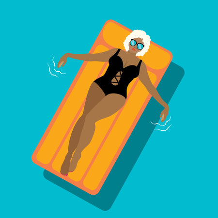 A girl in a swimsuit floats on an air mattress. top view, vector.のイラスト素材