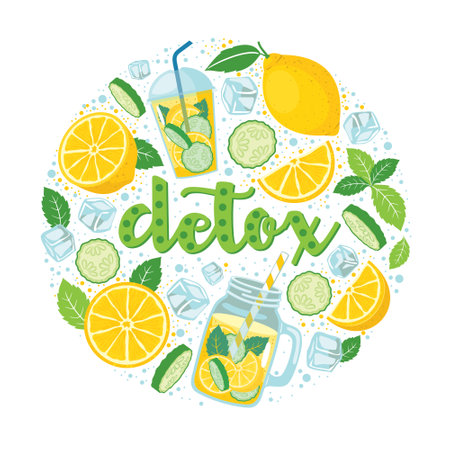 Detox lemonade set of bright elements in a circle: lemon, cucumber, mint, cup, jar, ice cubes, drops. Vector, white background, isolated.のイラスト素材