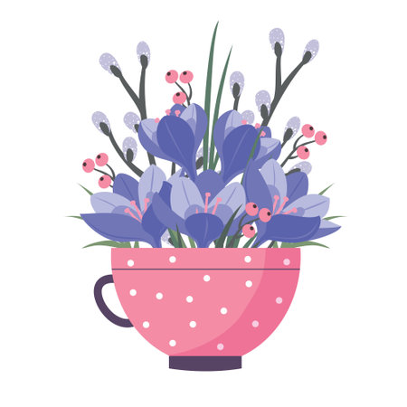 Spring flowers cup: purple crocuses and willow. Vector, white background, isolated.のイラスト素材