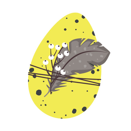 A speckled Easter egg with a twig and feather decoration. Vector, white background, isolated.のイラスト素材