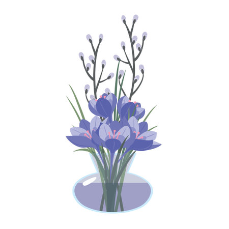 Crocus bouquet, willow branches, glass vase. Vector, white background, isolated, pastel colors.のイラスト素材