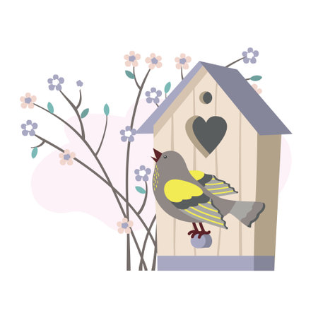 Songbird, birdhouse, flowering branch. Vector, white background, isolated, pastel colors.のイラスト素材