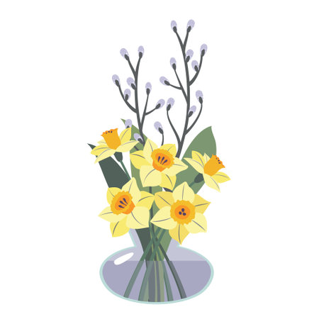 Daffodils bouquet, willow branches, glass vase. Vector, white background, isolated, pastel colors.のイラスト素材