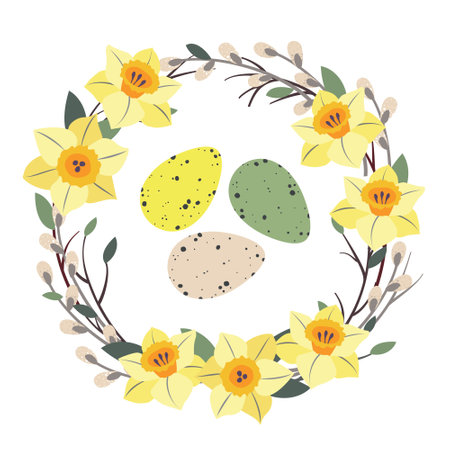 Yellow daffodil wreath, Easter eggs. botanical illustration. Vector, white background.のイラスト素材