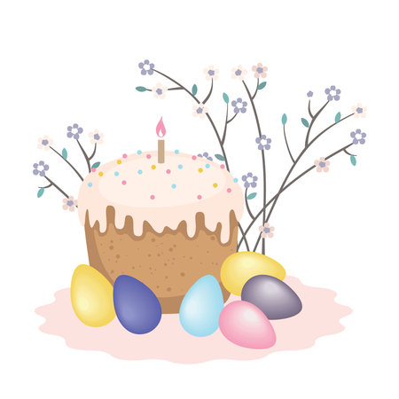 Easter cake with a candle and colored eggs. Vector, white background, isolated.のイラスト素材