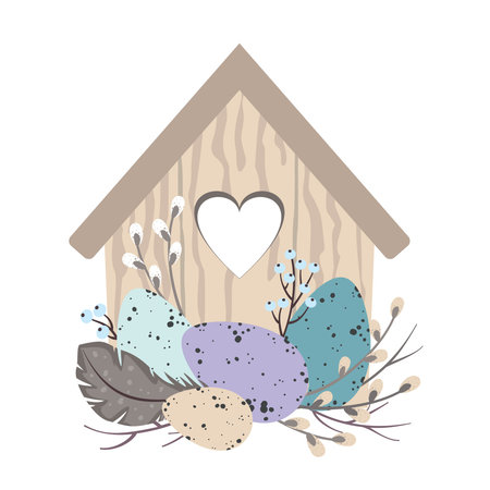 Easter birdhouse, willow, colored eggs. Vector, white background, isolated, pastel colors.のイラスト素材
