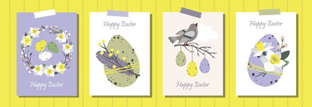 Set of HAPPY EASTER greeting cards. Cute Easter eggs, willow wreath, singing bird, daffodil and feathers. Eco-friendly decoration. Vector flat cartoon illustration.のイラスト素材