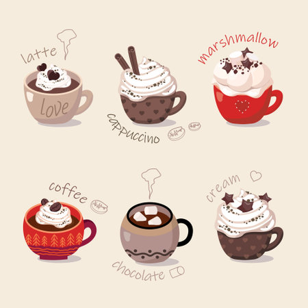 6 cups of hot coffee, chocolate, whipped cream, marshmallow, cinnamon. Vector, beige background, isolated.のイラスト素材
