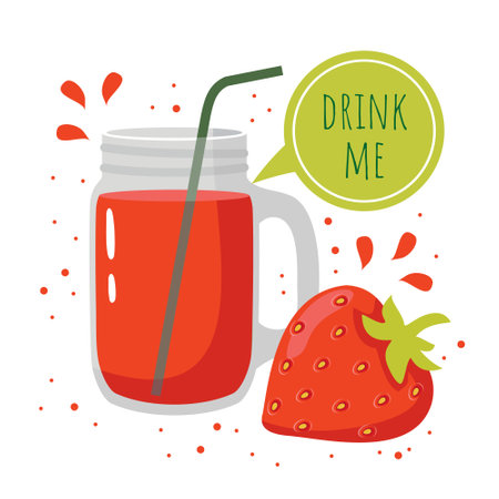 Bright strawberry smoothie in a jar, the words DRINK ME. Vector on a white background.のイラスト素材