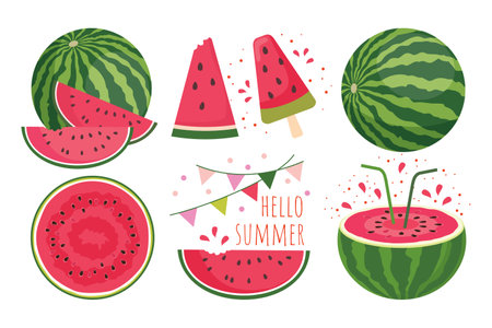 Watermelon set: watermelon cut, half, slices, large watermelon, ice cream, words hello summer. Vector, white background, isolated.のイラスト素材
