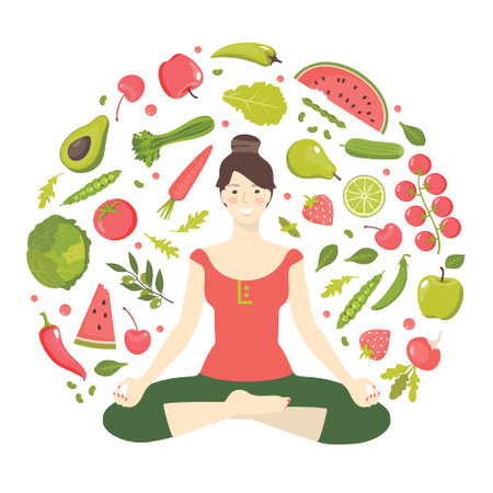 Yoga girl and healthy food: berries, apple, avocado, lettuce, celery, watermelon, tomatoes. White background, isolated.のイラスト素材