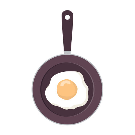 Fried eggs in a frying pan top view. Vector, white background, isolated.のイラスト素材