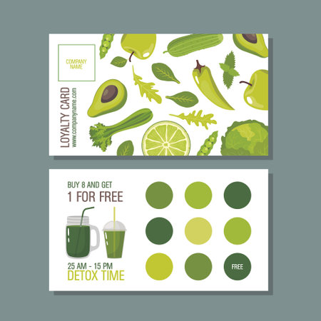 Loyalty card for detox program with greens: spinach, celery, apple, avocado. Vector layout for loyalty programs.のイラスト素材