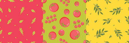 Healthy vegetarian food seamless patterns set: tomatoes, spinach, arugula, olives. Vector.のイラスト素材