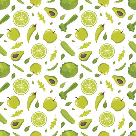 Green healthy food seamless pattern. Vector drawings of vegetables on a white background.のイラスト素材