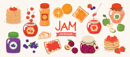 Homemade jam set: berries, fruits, glass jars, pancakes. Vector, isolated, light background.のイラスト素材