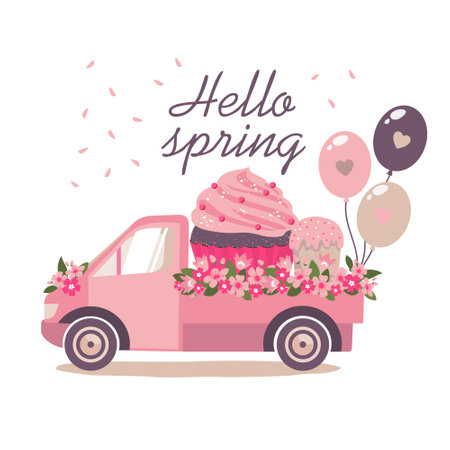 A car with spring flowers and balloons delivers a large cupcake. HELLO SPRING card with a truck of flowers in the trunk. Illustrated vector element collection.のイラスト素材