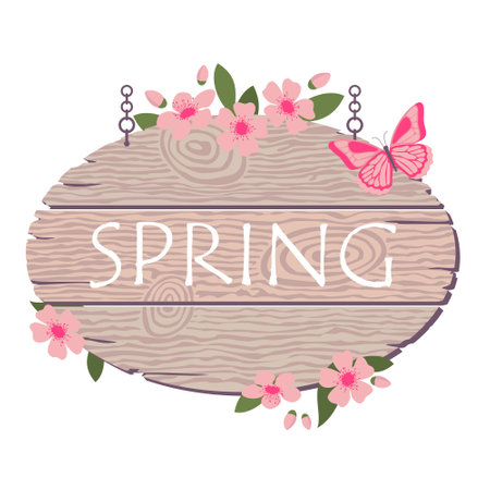 Wooden oval sign with WELCOME SPRING greeting. A pointer with spring flowers. Illustrated vector element.のイラスト素材