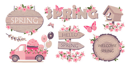 Spring elements collection. Wooden signs with cherry blossom branches. The letters SPRING from wood. A birdhouse with a nest. A car with flowers and balloons. Illustrated vector elements set.のイラスト素材