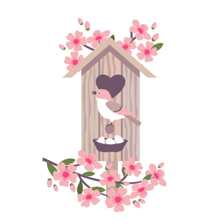 A bird on a nest among the branches of cherry blossoms. Wooden birdhouse with spring flowers. Illustrated vector element.のイラスト素材