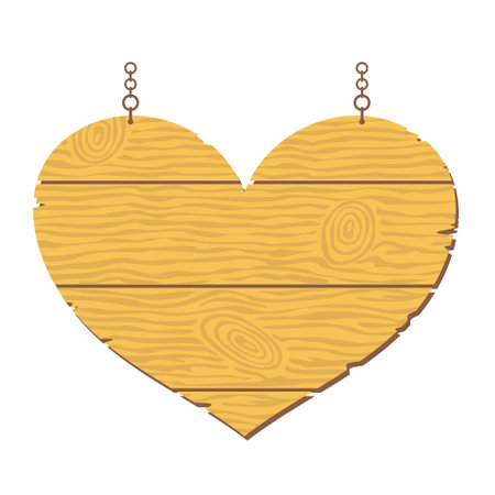 Wooden hanging sign in the shape of a heart on chains. Illustrated clipart.のイラスト素材