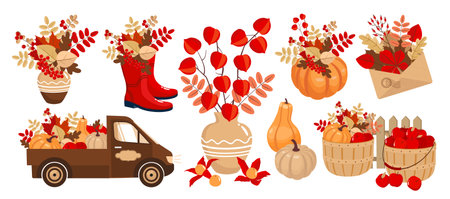 Autumn clip arts set with pumpkin, apples, truck, foliage, envelope.のイラスト素材