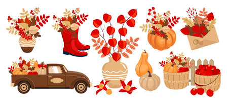 Autumn clip arts set with pumpkin, apples, truck, foliage, envelope.のイラスト素材