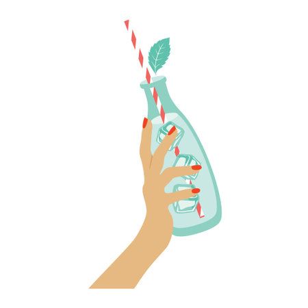 A glass bottle with water, ice, and a straw in a woman's hand. Vector, white background, isolated.のイラスト素材