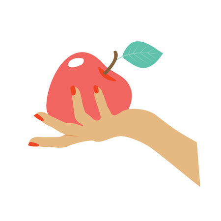 A red apple with a leaf in a woman's hand. Vector, isolated, white background.のイラスト素材