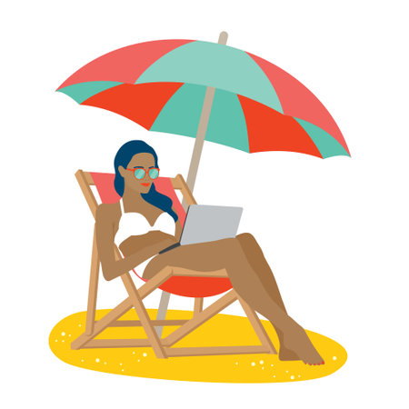 A girl is sunbathing with a laptop on a beach chair. Vector, white background, isolated.のイラスト素材