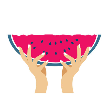 A slice of juicy watermelon in your hands. Vector, white background.のイラスト素材