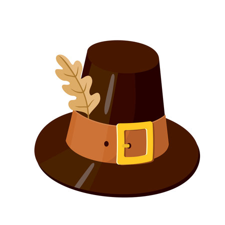A brown hat with a buckle on Thanksgiving Day . Vector clipart, white background.のイラスト素材