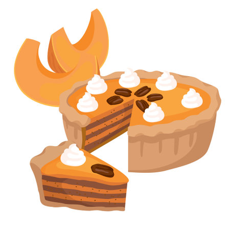 Pumpkin pie cut, slice, pumpkin slices. Vector clipart ,white background.のイラスト素材