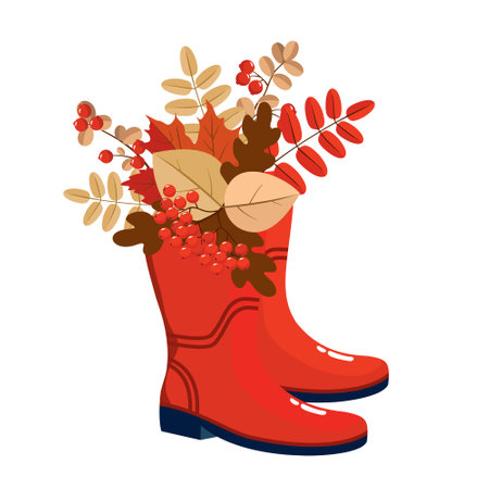 Autumn leafy bouquet in red rubber boots. Vector clipart, white background.のイラスト素材