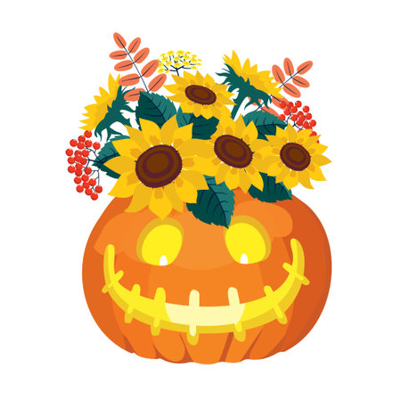 Halloween pumpkin with a sunflower bouquet. Vector clipart, white background.のイラスト素材