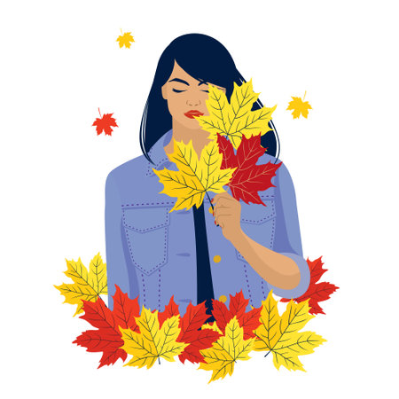 A girl in a denim jacket with red and yellow maple leaves. White background, vector clipart, isolated.のイラスト素材