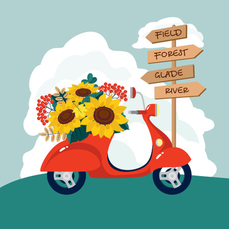 A red moped with a sunflower bouquet near a road sign. Vector clipart, card.のイラスト素材