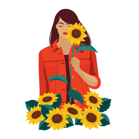 A girl in a red denim jacket with a sunflower on the field. White background, vector clipart, isolated.のイラスト素材