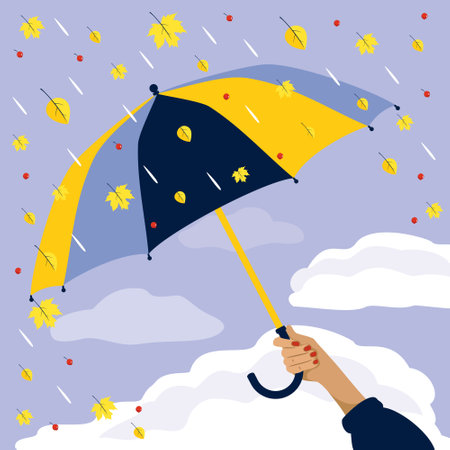 The umbrella is held by the girl's hand, maple leaf fall . Vector clipart, card.のイラスト素材