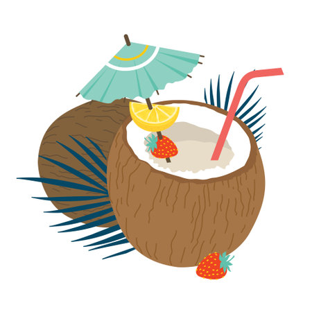 Coconut with a cocktail, strawberries, strawberries and an umbrella. Vector, isolated, white background.のイラスト素材