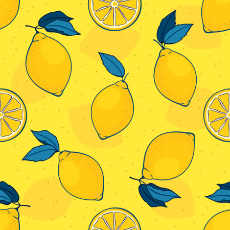 Bright lemon seamless pattern: lemons, slices, leaves, yellow background. Vector.のイラスト素材