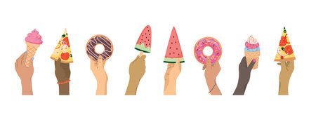 Hands of different nationalities hold goodies: pizza, donuts, ice cream, watermelon. Vector set,...