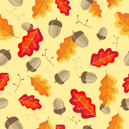 Seamless background with autumn oak leaves and acorns. Botanical vector illustration.のイラスト素材