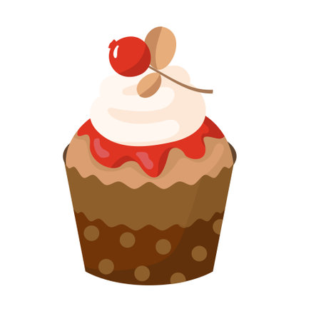 Muffin with cream and berries in a brown wrapper. Vector clipart, white background.のイラスト素材