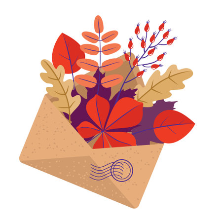 Autumn letter: a craft envelope with bright leaves and a branch of rosehip berries. Vector, white background, clipart.のイラスト素材