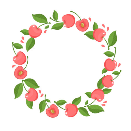 A wreath of juicy cherries with leaves. Botanical vector illustration on a white background in a flat style.のイラスト素材