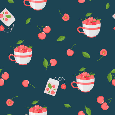 Seamless background of berries and cherry leaves, Ñup, tea bags. Vector pattern on a dark background.のイラスト素材