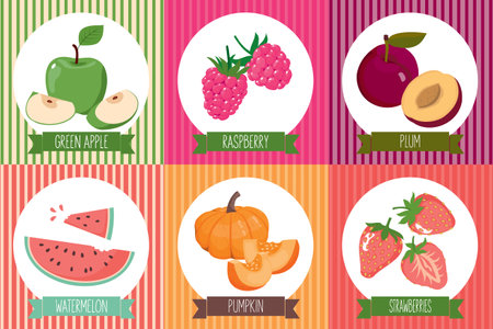 A set of cards with vegetarian food in the frame. Juicy strawberries, raspberries, watermelon, Apple, plum and pumpkin. Vector, Isolated, white background.のイラスト素材