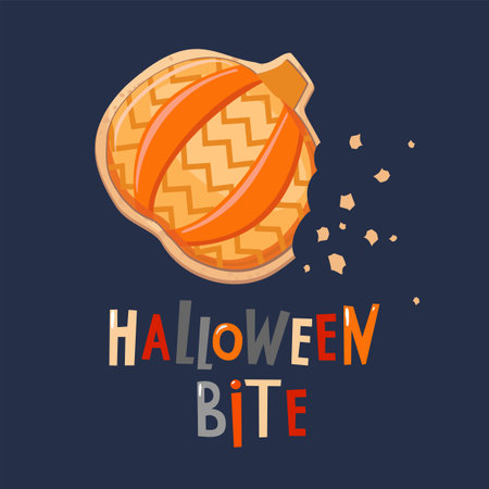 Bitten pumpkin cookies with the letters Halloween Bite. Vector, dark background.のイラスト素材