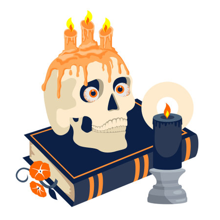 Halloween skull with candles on a witch's book.のイラスト素材
